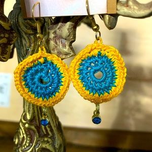Yellow and Blue Crochet Earrings with Jewel lightweight